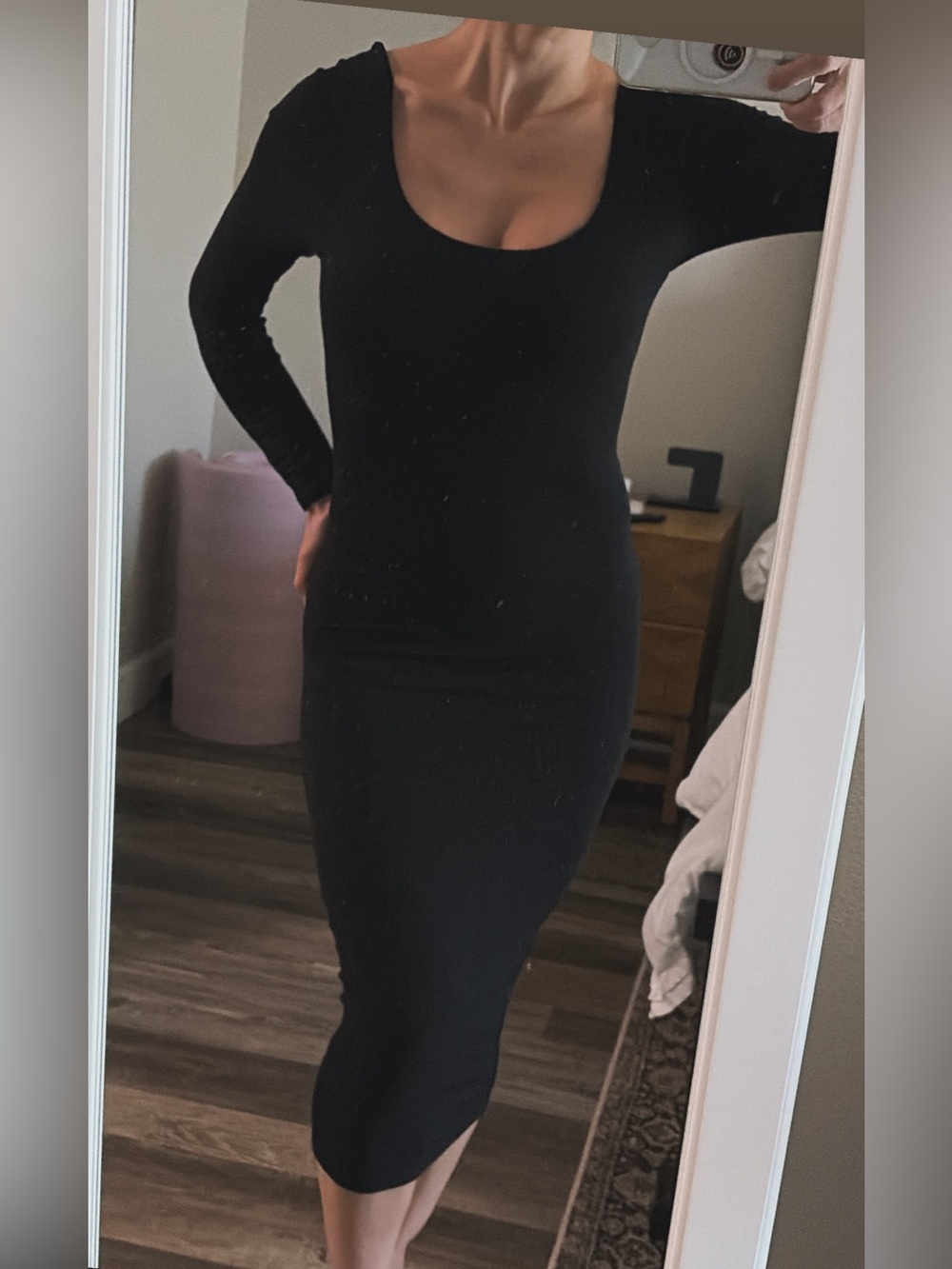 naked wardrobe Black Long Sleeve Scoop Neck Bodycon Midi Dress